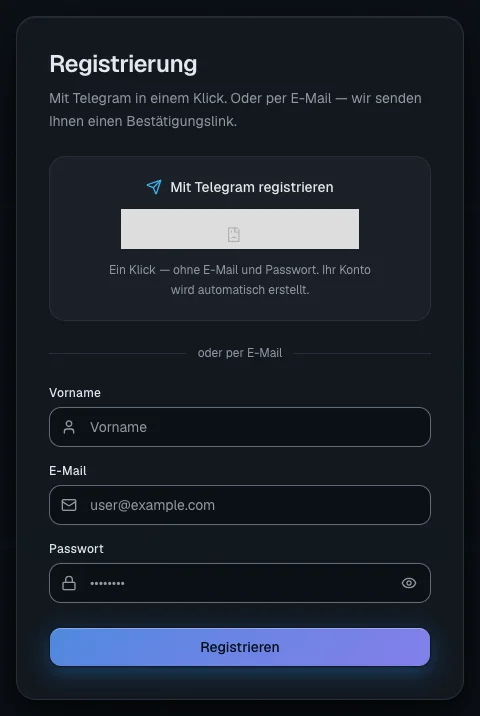 Registrierungsseite: oben die Anmeldung über Telegram mit einem Klick, darunter das Formular für die Registrierung per E-Mail