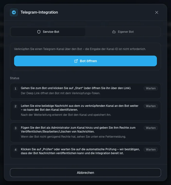 Telegram-Verbindungsfenster: vier Schritte und ihr Status — warten Sie bei jedem auf „Fertig“