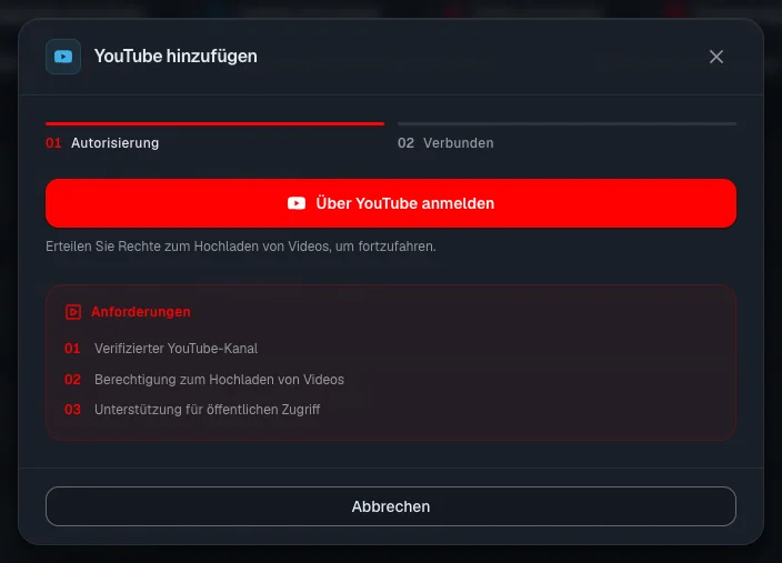 YouTube-Verbindungsfenster: Anforderungen an den Kanal und die Schaltfläche zur Anmeldung über Google