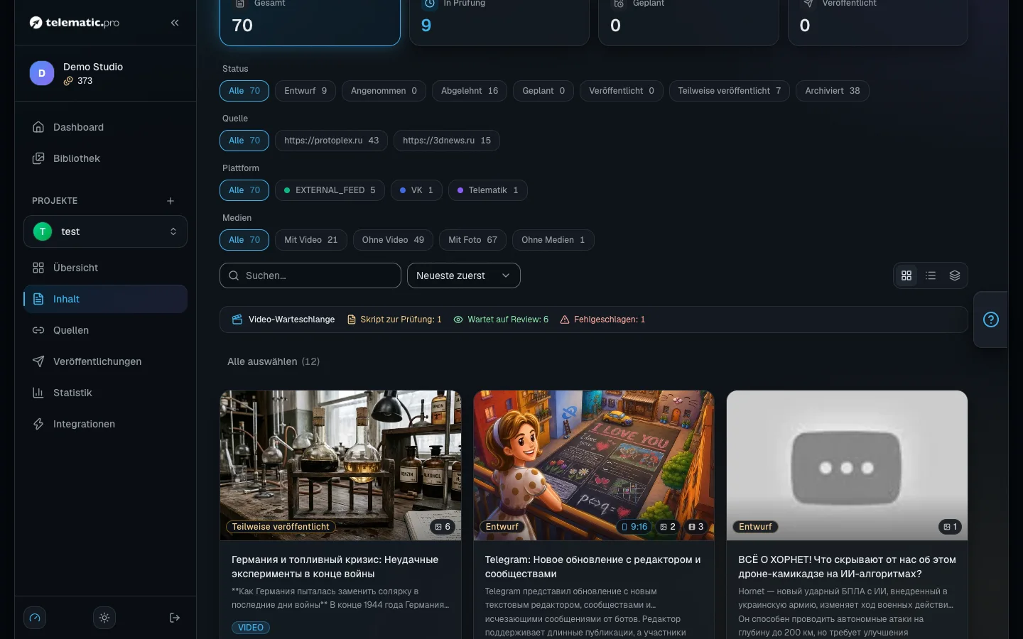 Die Video-Warteschlange über der Inhaltsliste: was geprüft wird, was wartet, wo etwas fehlgeschlagen ist
