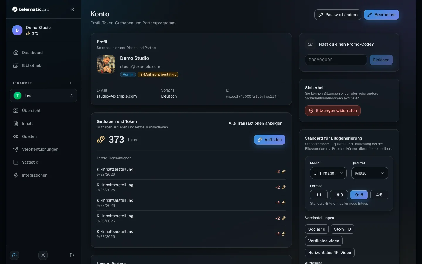 Persönliches Konto: Guthaben und letzte Vorgänge, der Partnerlink und die Karte für den Gutscheincode
