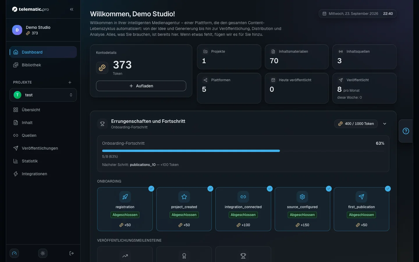 Dashboard: die Karte des Guthabens mit der Schaltfläche zum Aufladen und die Karte der Erfolge mit dem nächsten Schritt und der Belohnung