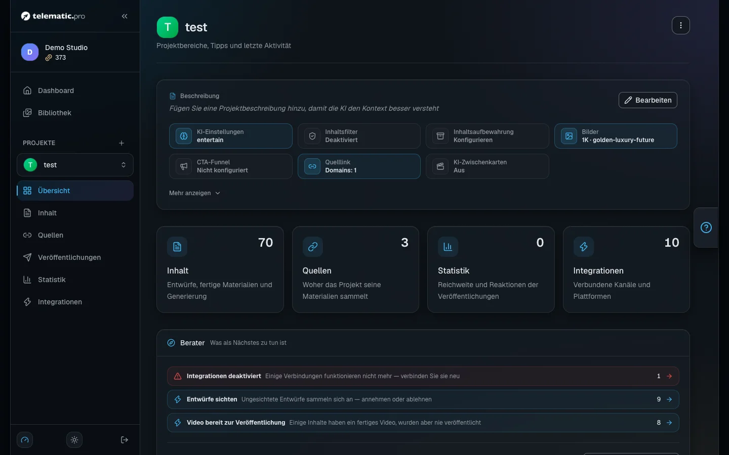 Leiste des Beraters: die Liste der ersten Schritte und die Aufgaben mit Links zur Behebung