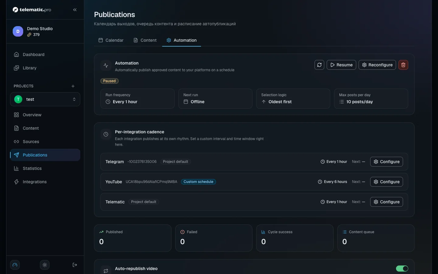 Publication automation settings: the interval, the hours posts go out and the daily limit