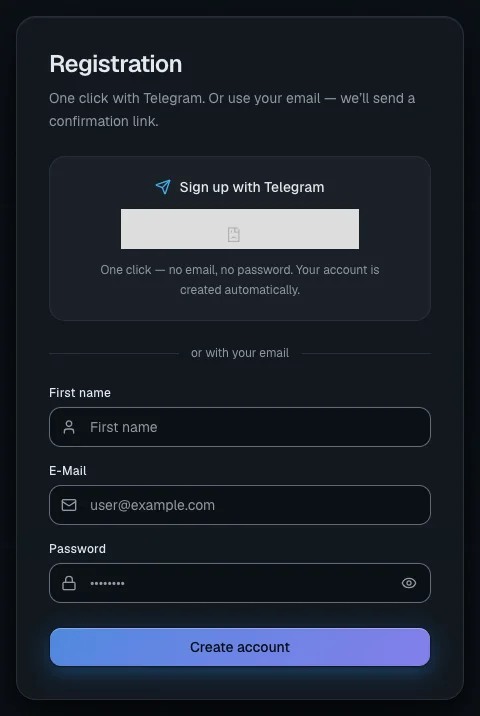 The sign-up page: one-click Telegram login at the top, the e-mail form below it