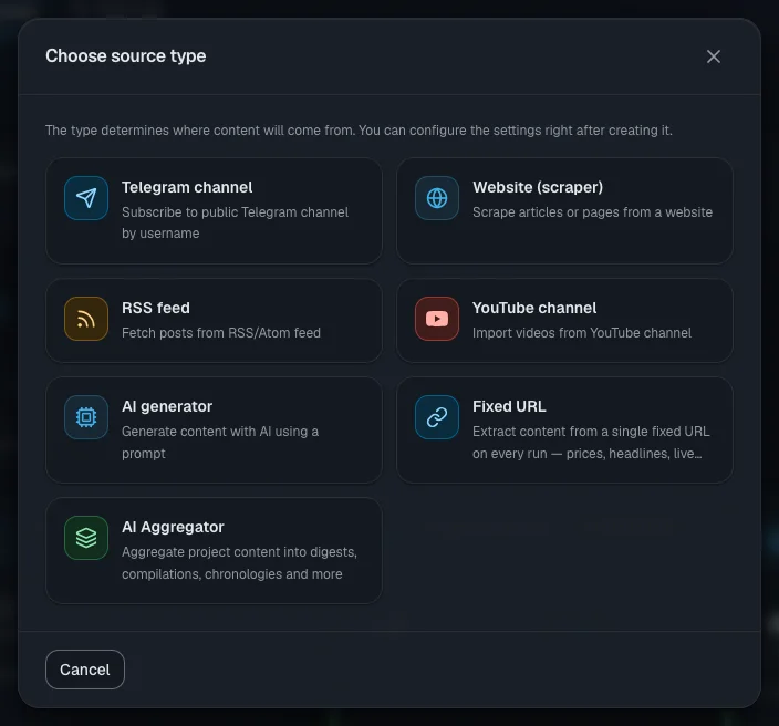 Choosing the source type: "Telegram channel" works well for your first run