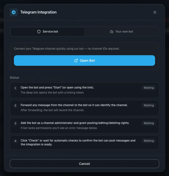 The Telegram connection window: four steps and their status β wait for "Done" on each one
