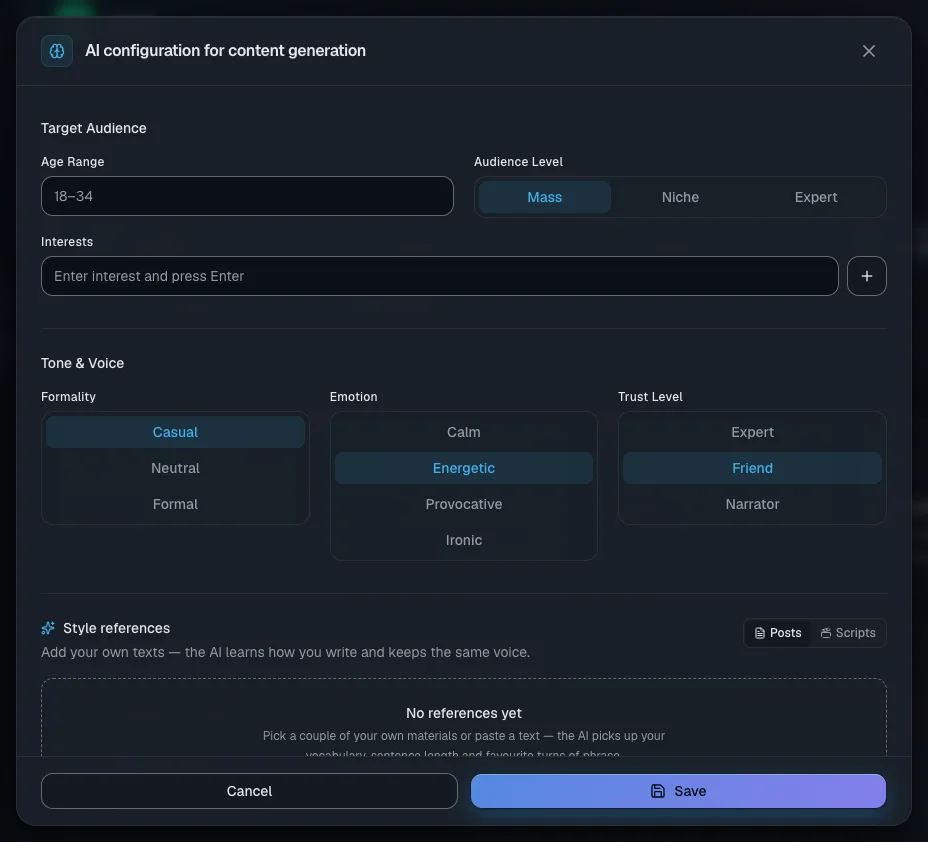 The AI settings window: audience, tone, content language, goal and the model with its price