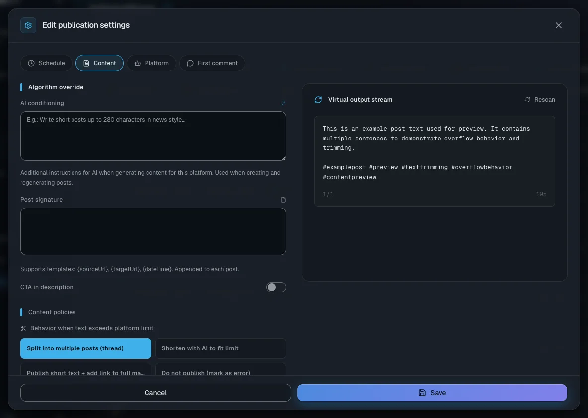The platform settings, text tab: the rules on the left, a sample of the finished post on the right