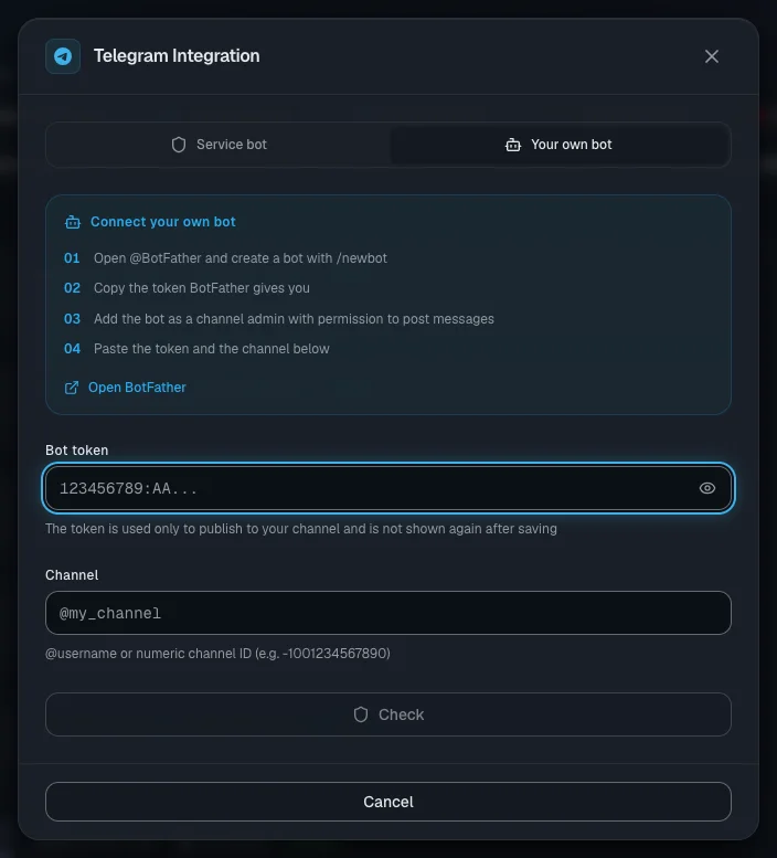 Your own bot's tab after the check: both rights marks are green β you can connect