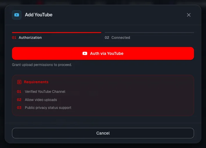The YouTube connection window: the channel requirements and the Google login button