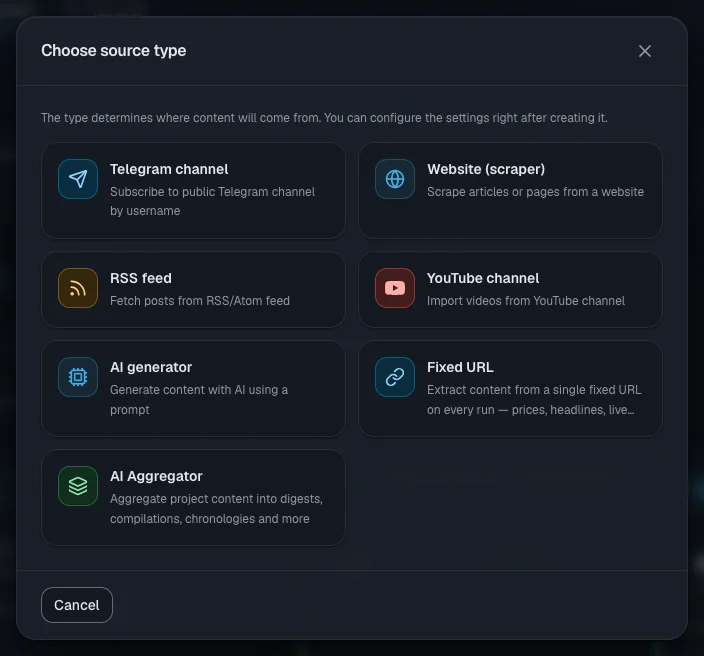 The seven source types; YouTube is marked as unavailable during the trial period