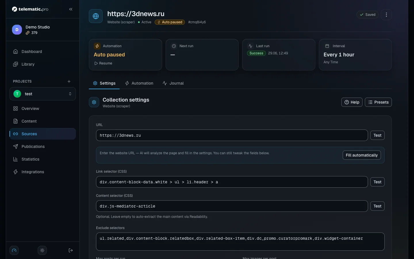 After autofill the selector fields are filled in, with examples of the articles that will be collected below