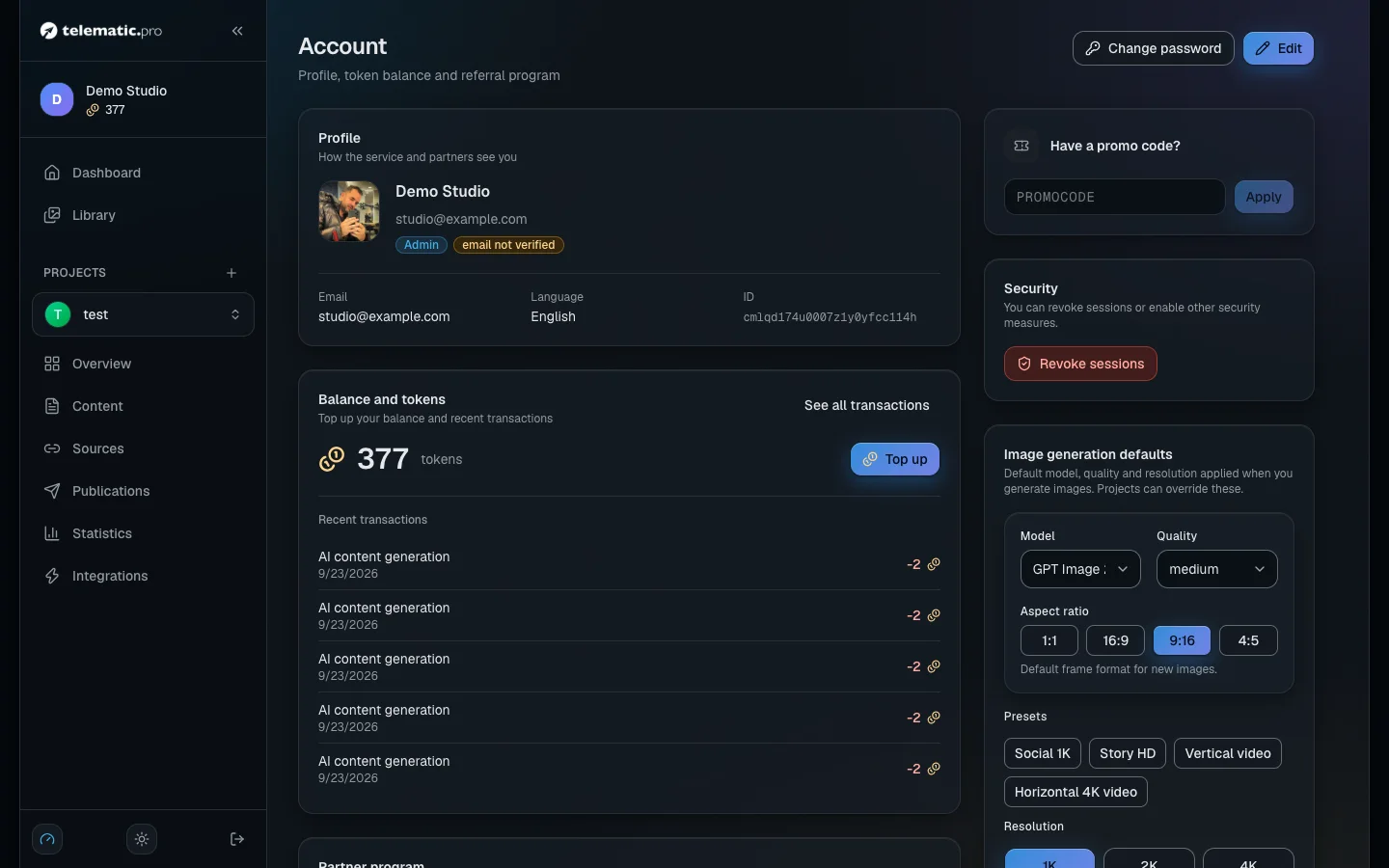 Your account page: the balance and the latest operations, the partner link and the promo code card