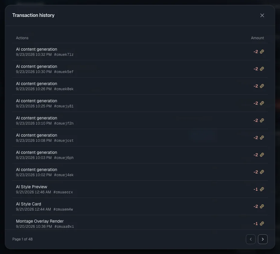The transaction history: green lines are credits, red ones are charges