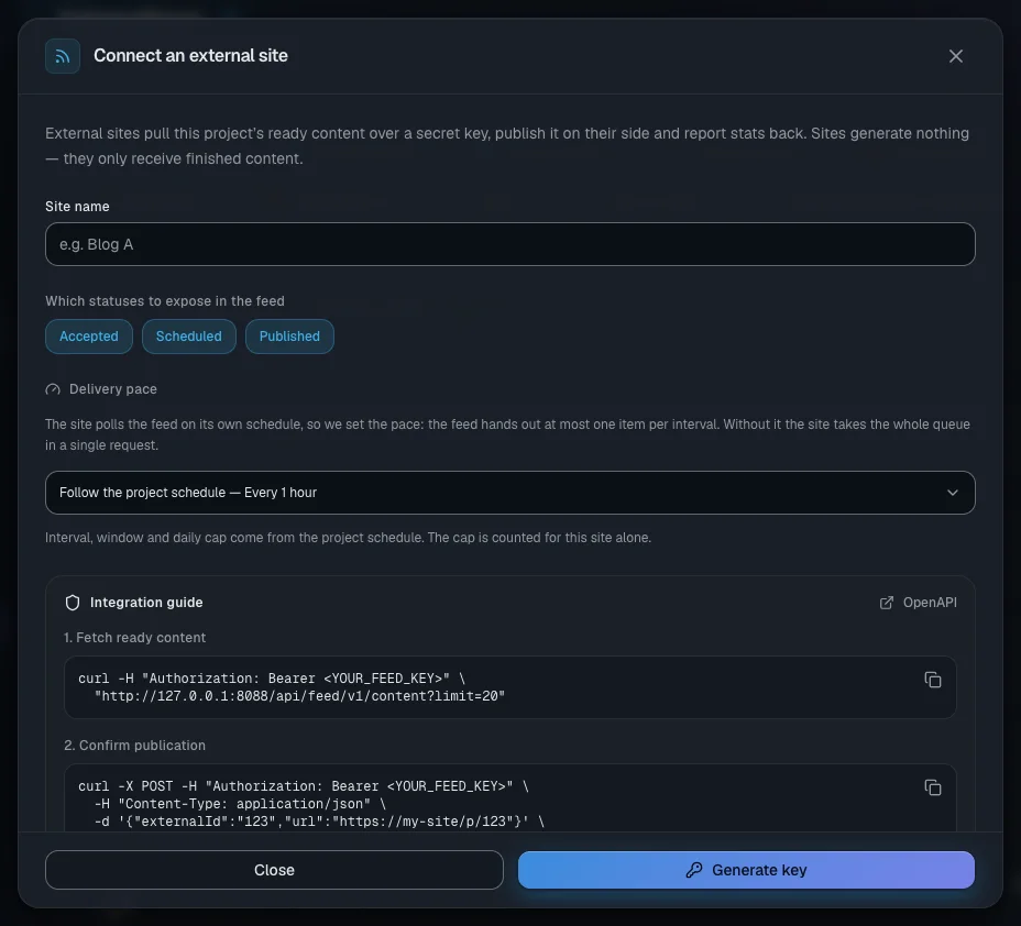 The website connection window: the name, the statuses to expose and the delivery pace
