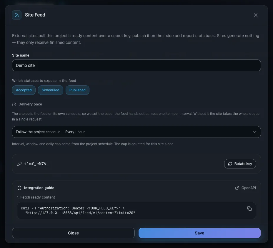 The feed management window: the hidden key, the reissue button and the pace settings