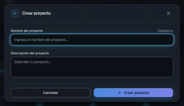 La ventana de nuevo proyecto: solo el nombre es obligatorio
