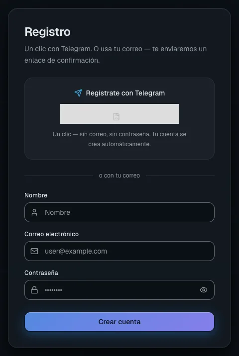 La página de registro: inicio de sesión con Telegram en un clic arriba, el formulario por correo debajo
