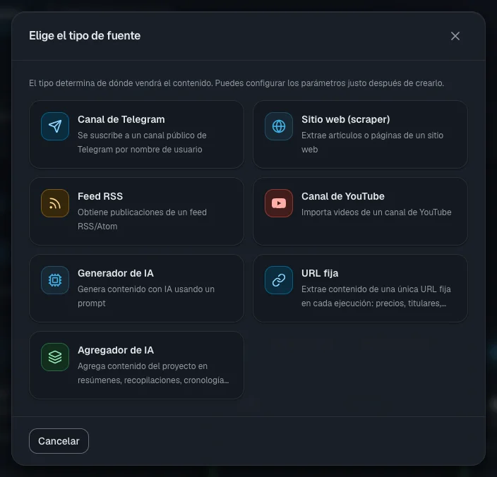 Elegir el tipo de fuente: "Canal de Telegram" es ideal para tu primer intento