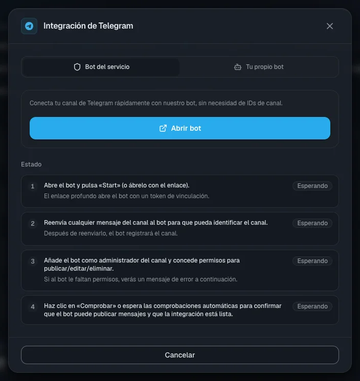 La ventana de conexión de Telegram: cuatro pasos y su estado — espera a que cada uno muestre "Hecho"