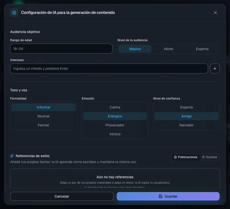 La ventana de ajustes de IA: audiencia, tono, idioma del contenido, objetivo y el modelo con su precio