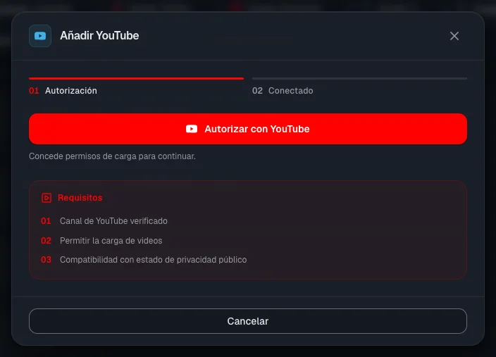 La ventana de conexión de YouTube: los requisitos del canal y el botón de inicio de sesión con Google