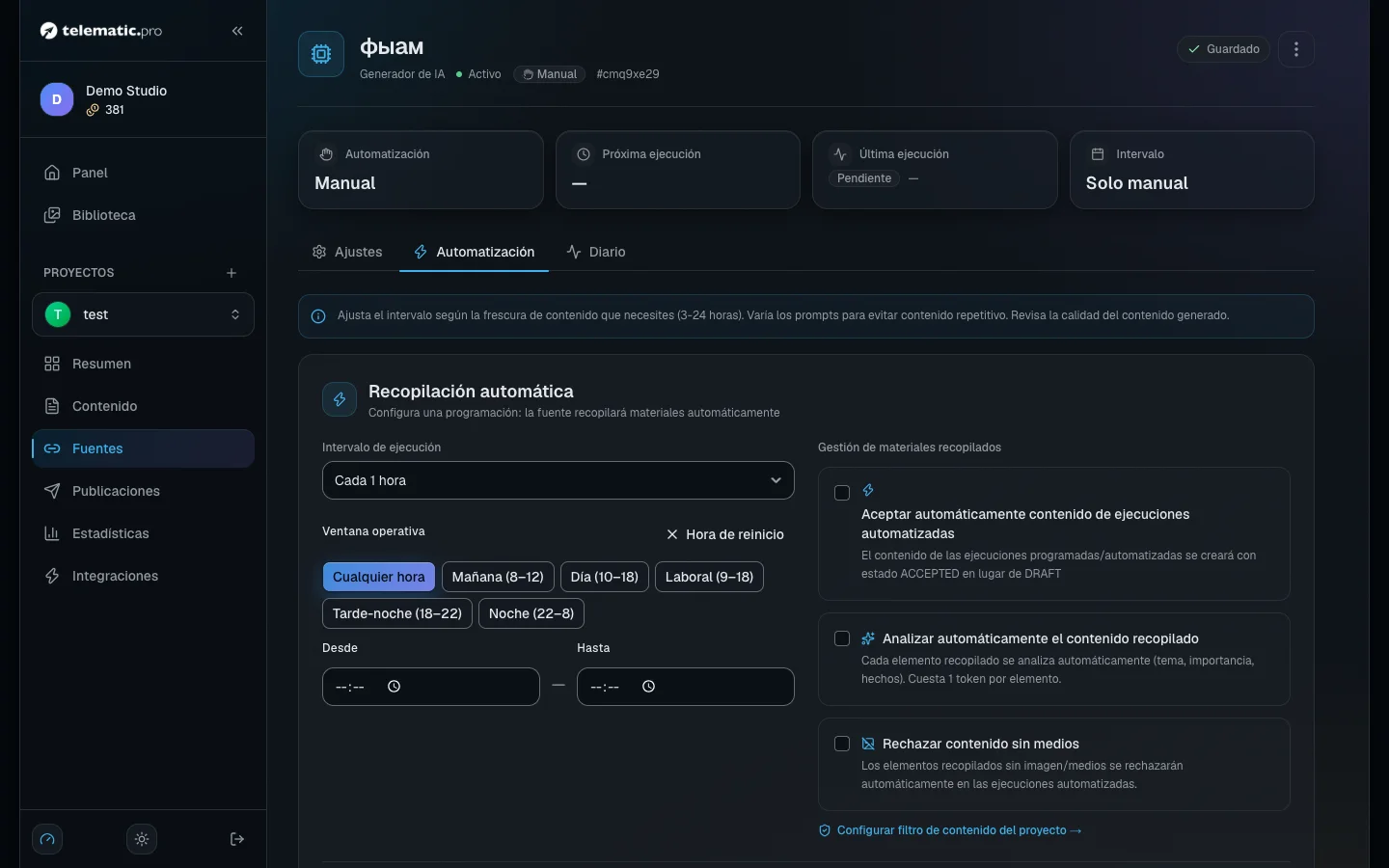 La programación de la fuente: el intervalo, la ventana y los tres interruptores para procesar materiales