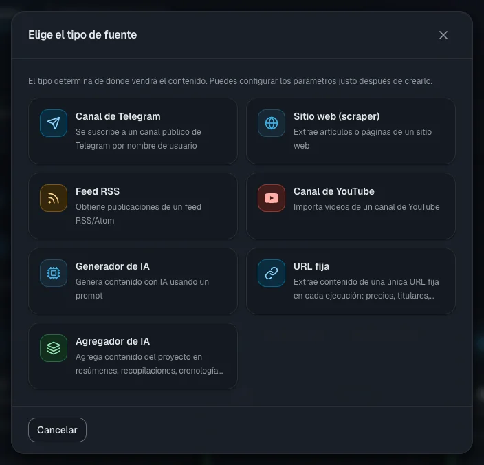 Los siete tipos de fuente; YouTube aparece marcado como no disponible durante el período de prueba