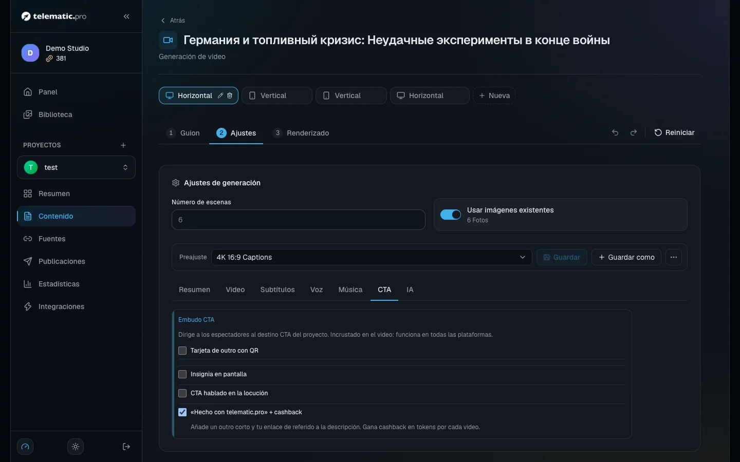 La pestaña "CTA": el interruptor de la cortinilla con cashback al final de la lista