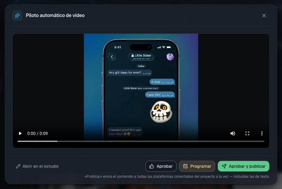 La ventana del piloto automático: arriba el formato de video, debajo cómo se obtiene el guion y el texto base