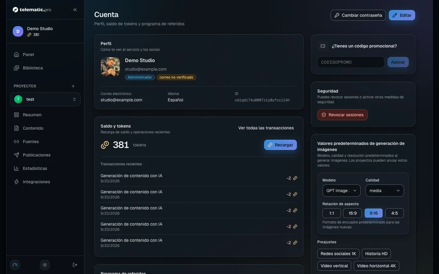 La página de tu cuenta: el saldo y las últimas operaciones, el enlace de referido y la tarjeta del código promocional
