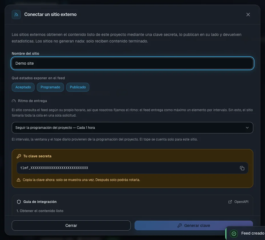 La clave se muestra una sola vez: cópiala de inmediato