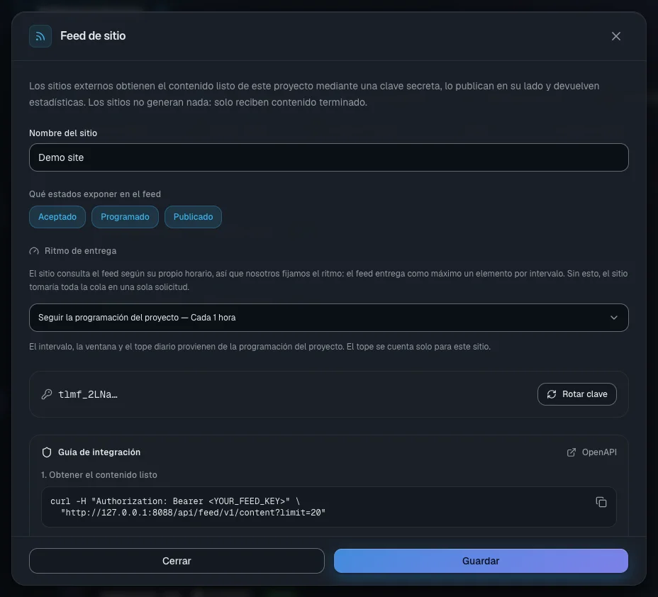 La ventana de gestión del feed: la clave oculta, el botón de reemisión y los ajustes de ritmo