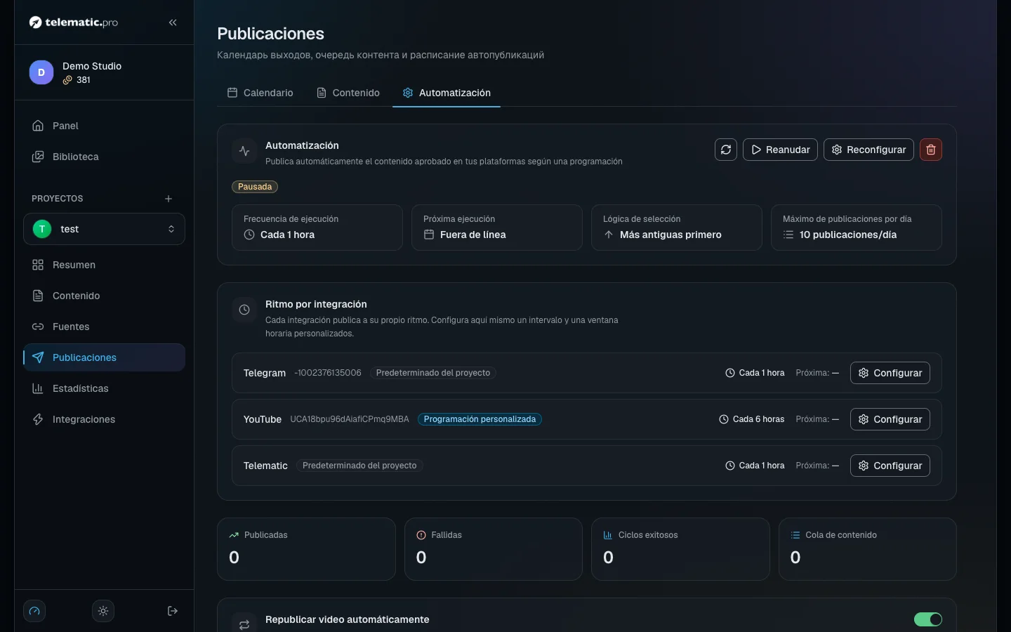 La pestaña de automatización: el estado de la programación y el botón de reanudar