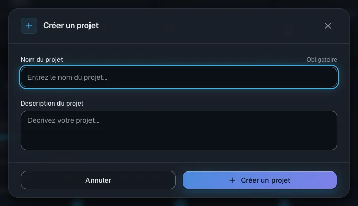 Fenêtre de création d'un projet : seul le nom est obligatoire