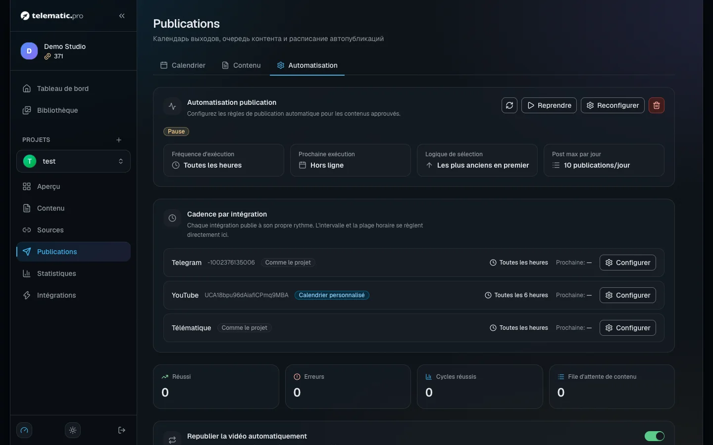 Réglages de l'automatisation des publications : intervalle, heures de sortie et limite de posts par jour