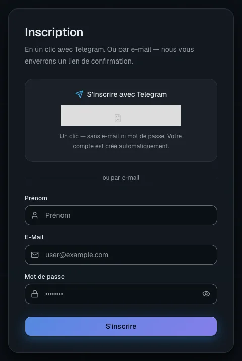 Page d'inscription : en haut la connexion Telegram en un clic, en dessous le formulaire d'inscription par e-mail