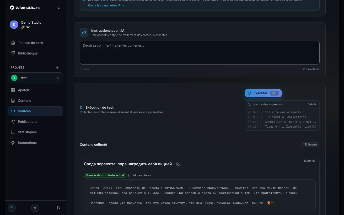 Test d'une source : le journal de l'opération et le contenu collecté