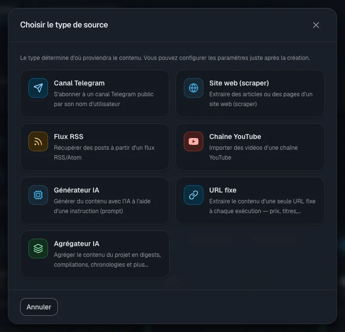 Choix du type de source : pour un premier lancement, « Canal Telegram » convient bien