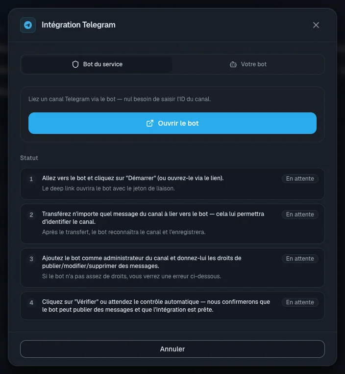 Fenêtre de connexion Telegram : les quatre étapes et leur statut — attendez « Fait » partout