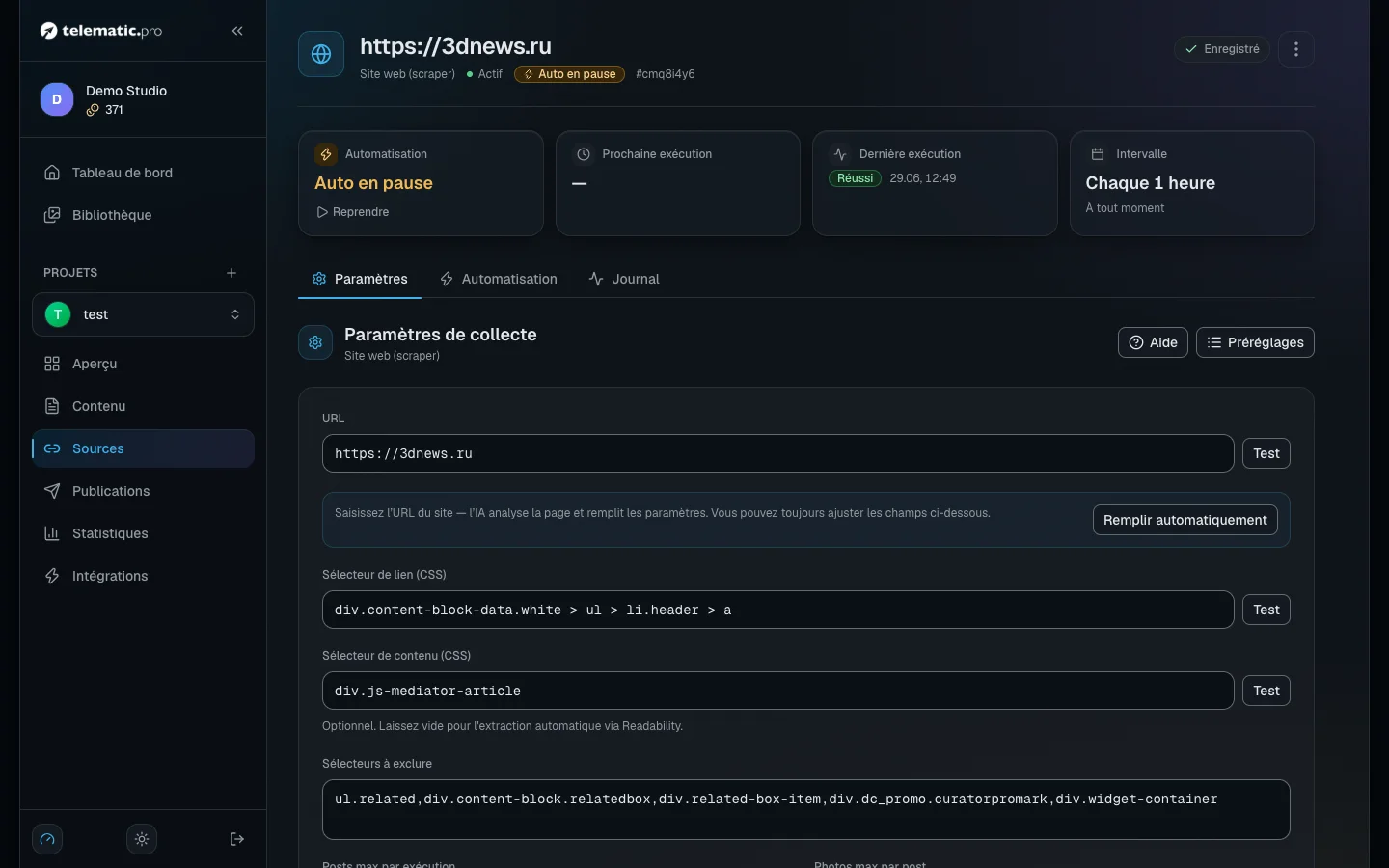 Après le remplissage automatique, les sélecteurs sont renseignés ; en dessous, des exemples d'articles qui seront collectés