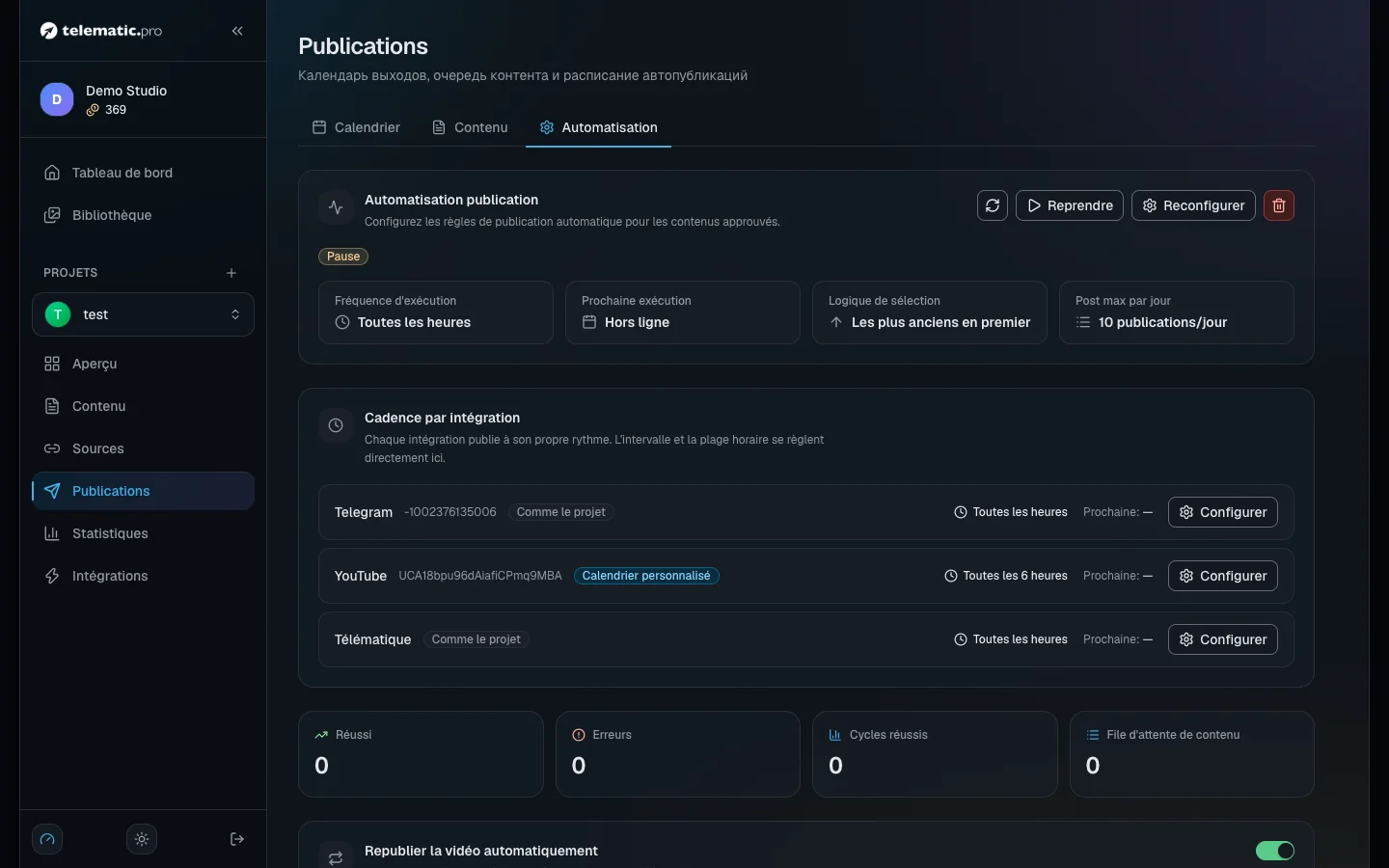 Formulaire de planification : intervalle, ordre de sélection, plage horaire, limite de posts par jour et délai d'attente