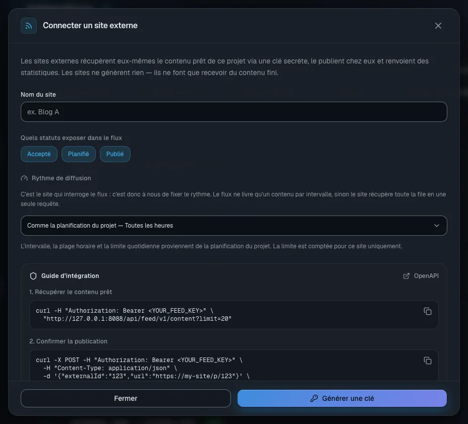 Fenêtre de connexion d'un site : le nom, les statuts diffusés et le rythme de diffusion