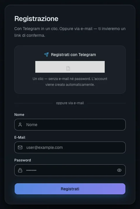 Pagina di registrazione: in alto l'accesso con Telegram in un clic, sotto il modulo per la registrazione via e-mail