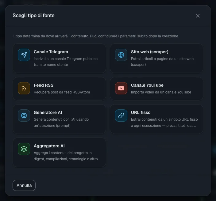 Scelta del tipo di fonte: per il primo avvio va bene «Canale Telegram»