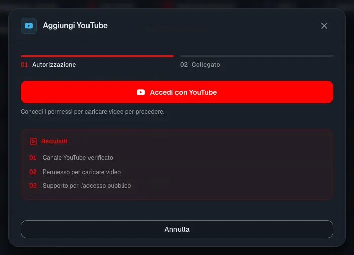 Finestra di collegamento di YouTube: requisiti del canale e pulsante di accesso con Google
