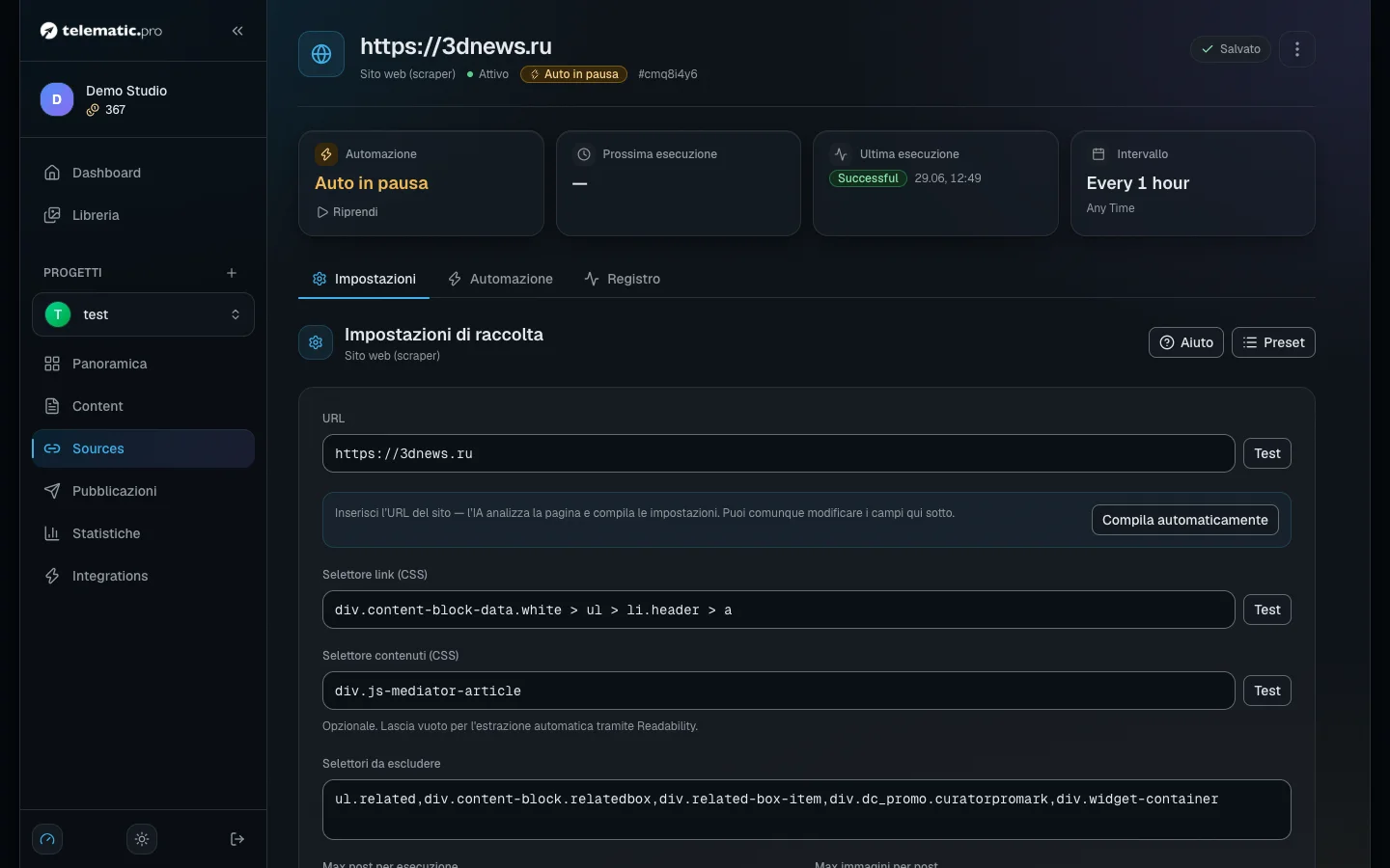 Dopo la compilazione automatica i campi dei selettori sono pieni, sotto ci sono esempi degli articoli che verranno raccolti