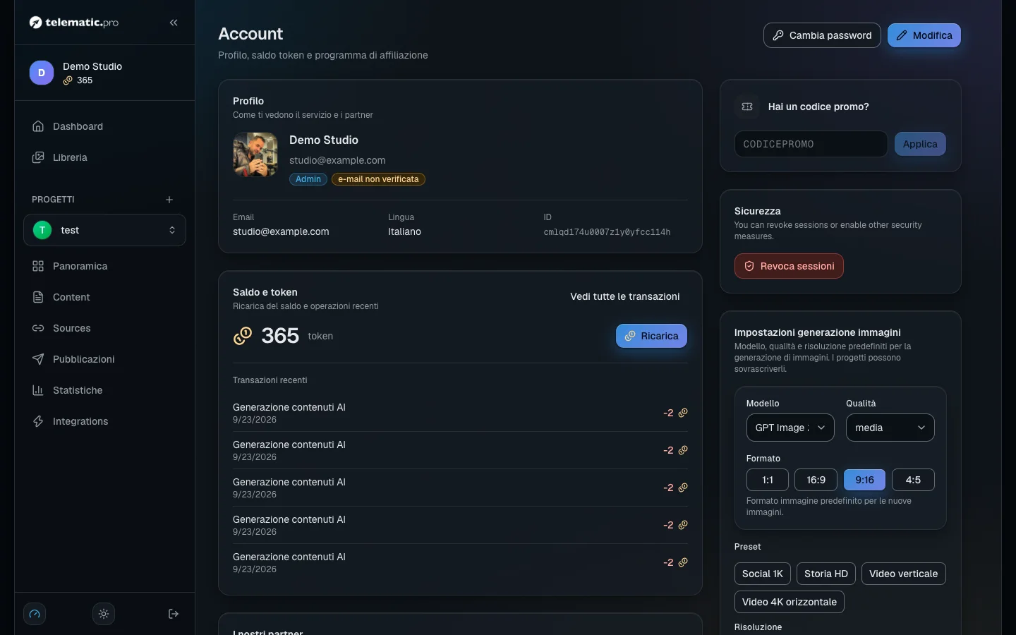Area personale: saldo e ultime operazioni, link di affiliazione e scheda del codice promozionale