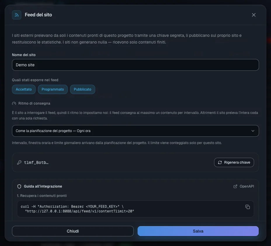 Finestra di gestione del feed: chiave nascosta, pulsante per rigenerarla e impostazioni del ritmo